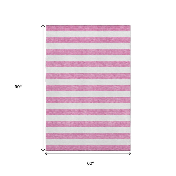 HomeRoots 5' Pink and Ivory Striped Area Rug - Washable, UV Protected, Kid & Pet Friendly for Stylish Spaces 647634
