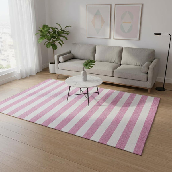 HomeRoots 5' Pink and Ivory Striped Area Rug - Washable, UV Protected, Kid & Pet Friendly for Stylish Spaces 647634