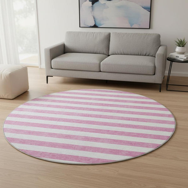 HomeRoots 8' Pink and Ivory Striped Washable Round Rug - Durable, Slip-Resistant, UV Protected for Any Space 647635