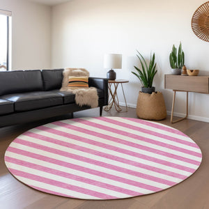 HomeRoots 8' Pink and Ivory Striped Washable Round Rug - Durable, Slip-Resistant, UV Protected for Any Space 647635