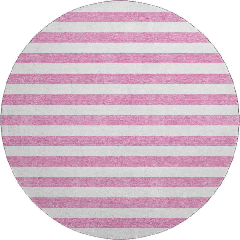 HomeRoots 8' Pink and Ivory Striped Washable Round Rug - Durable, Slip-Resistant, UV Protected for Any Space 647635