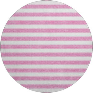 HomeRoots 8' Pink and Ivory Striped Washable Round Rug - Durable, Slip-Resistant, UV Protected for Any Space 647635