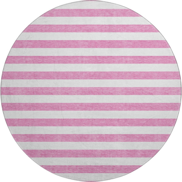 HomeRoots 8' Pink and Ivory Striped Washable Round Rug - Durable, Slip-Resistant, UV Protected for Any Space 647635