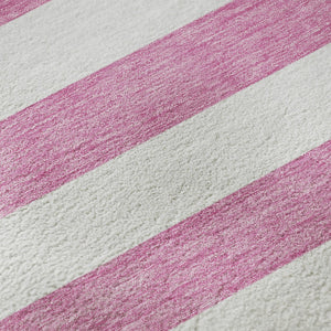 HomeRoots 8' Pink and Ivory Striped Washable Round Rug - Durable, Slip-Resistant, UV Protected for Any Space 647635