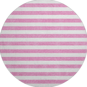 HomeRoots 8' Pink and Ivory Striped Washable Round Rug - Durable, Slip-Resistant, UV Protected for Any Space 647635