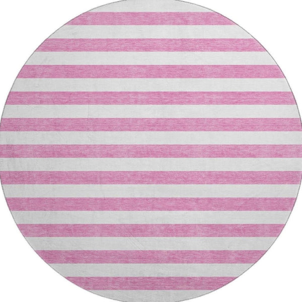 HomeRoots 8' Pink and Ivory Striped Washable Round Rug - Durable, Slip-Resistant, UV Protected for Any Space 647635