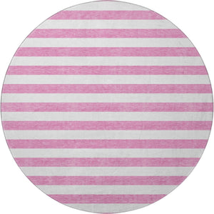 HomeRoots 8' Pink and Ivory Striped Washable Round Rug - Durable, Slip-Resistant, UV Protected for Any Space 647635