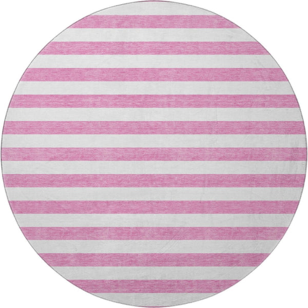 HomeRoots 8' Pink and Ivory Striped Washable Round Rug - Durable, Slip-Resistant, UV Protected for Any Space 647635
