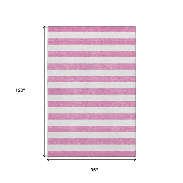 HomeRoots 8' X 10' Pink & Ivory Striped Washable Area Rug with UV Protection - Family-Friendly & Stylish! 647636