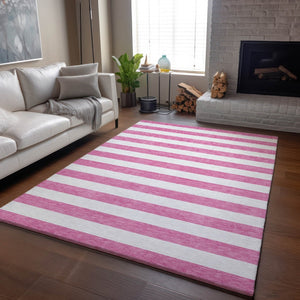 HomeRoots 9' X 12' Pink and Ivory Striped Washable Area Rug – Durable, UV-Protected, Perfect for High-Traffic Rooms 647637