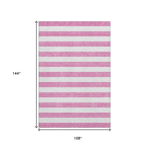 HomeRoots 9' X 12' Pink and Ivory Striped Washable Area Rug – Durable, UV-Protected, Perfect for High-Traffic Rooms 647637
