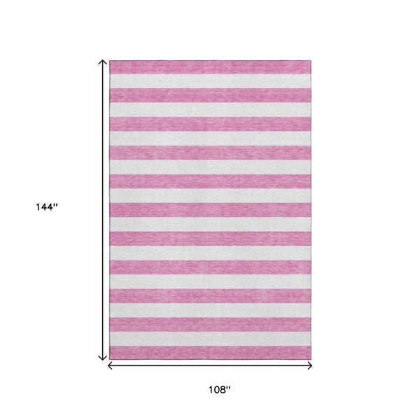 HomeRoots 9' X 12' Pink and Ivory Striped Washable Area Rug – Durable, UV-Protected, Perfect for High-Traffic Rooms 647637