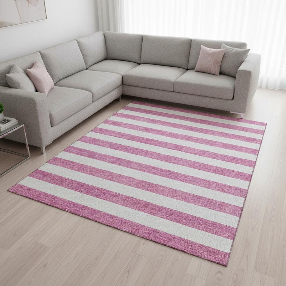 HomeRoots 9' X 12' Pink and Ivory Striped Washable Area Rug – Durable, UV-Protected, Perfect for High-Traffic Rooms 647637