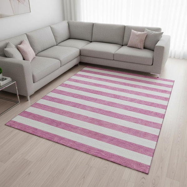 HomeRoots 9' X 12' Pink and Ivory Striped Washable Area Rug – Durable, UV-Protected, Perfect for High-Traffic Rooms 647637