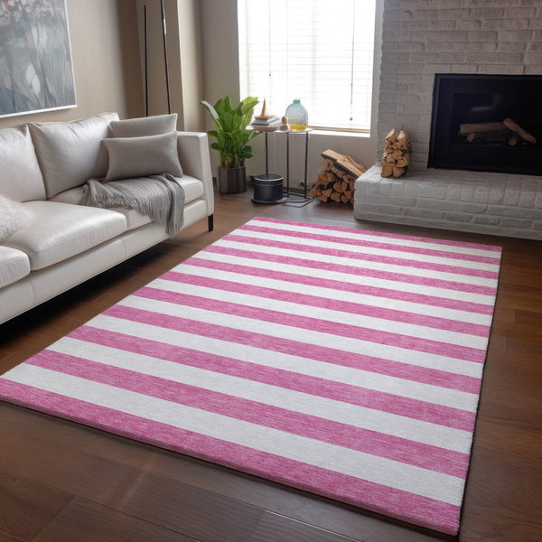 HomeRoots 10' X 14' Pink And Ivory Striped Area Rug - Washable, UV Protected, Durable For High-Traffic Homes 647638