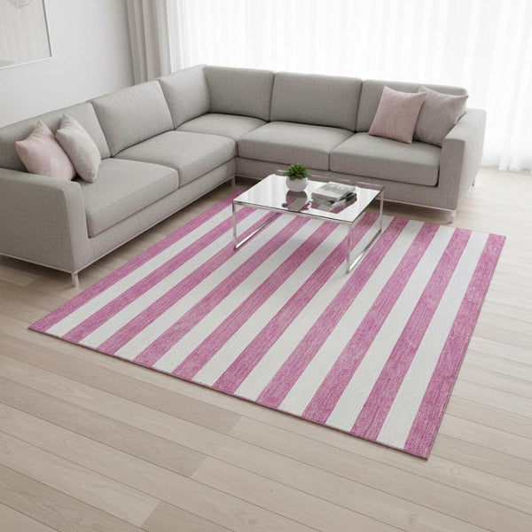 HomeRoots 10' X 14' Pink And Ivory Striped Area Rug - Washable, UV Protected, Durable For High-Traffic Homes 647638