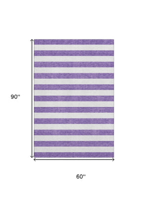 HomeRoots 5' X 8' Stylish Purple & Ivory Striped Washable Area Rug with UV Protection for Every Space 647640