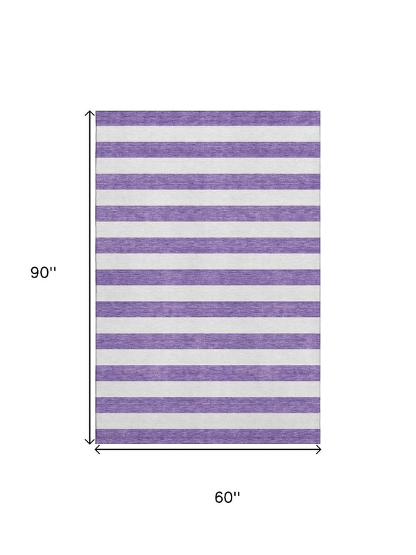 HomeRoots 5' X 8' Stylish Purple & Ivory Striped Washable Area Rug with UV Protection for Every Space 647640