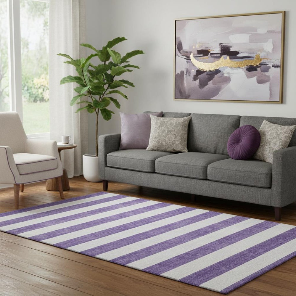 HomeRoots 5' X 8' Stylish Purple & Ivory Striped Washable Area Rug with UV Protection for Every Space 647640