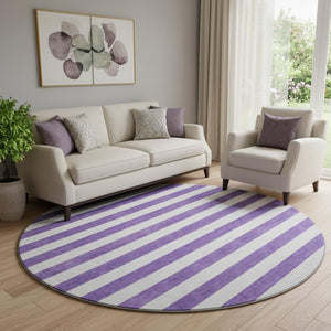 HomeRoots 8' Purple and Ivory Striped Washable Round Rug - UV Protected, Stain-Resistant, Stylish Decor Piece 647641