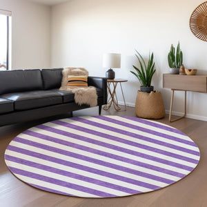 HomeRoots 8' Purple and Ivory Striped Washable Round Rug - UV Protected, Stain-Resistant, Stylish Decor Piece 647641