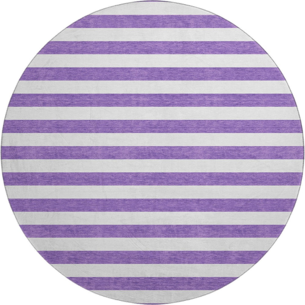 HomeRoots 8' Purple and Ivory Striped Washable Round Rug - UV Protected, Stain-Resistant, Stylish Decor Piece 647641
