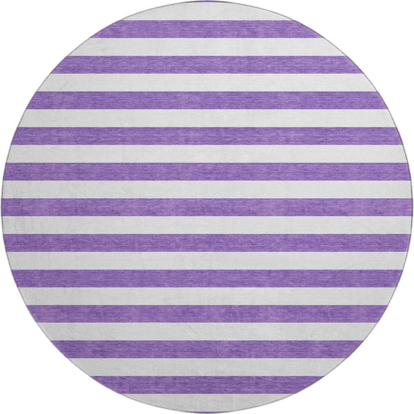 HomeRoots 8' Purple and Ivory Striped Washable Round Rug - UV Protected, Stain-Resistant, Stylish Decor Piece 647641