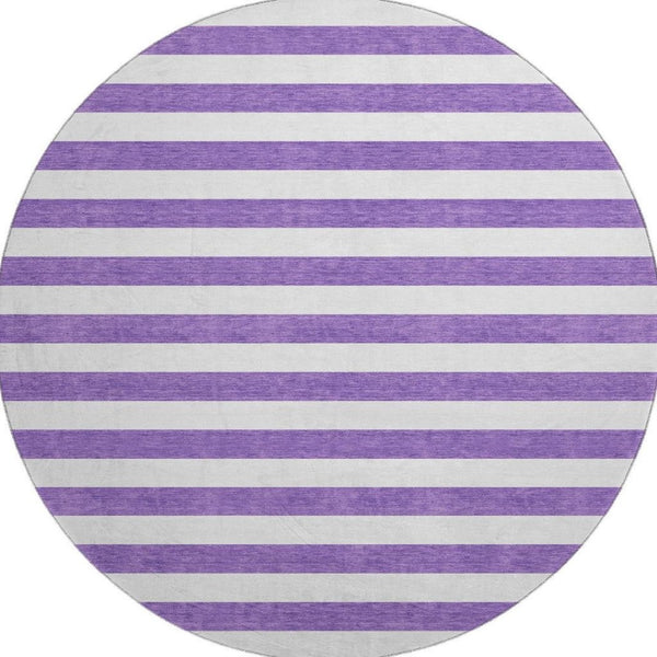 HomeRoots 8' Purple and Ivory Striped Washable Round Rug - UV Protected, Stain-Resistant, Stylish Decor Piece 647641