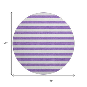 HomeRoots 8' Purple and Ivory Striped Washable Round Rug - UV Protected, Stain-Resistant, Stylish Decor Piece 647641