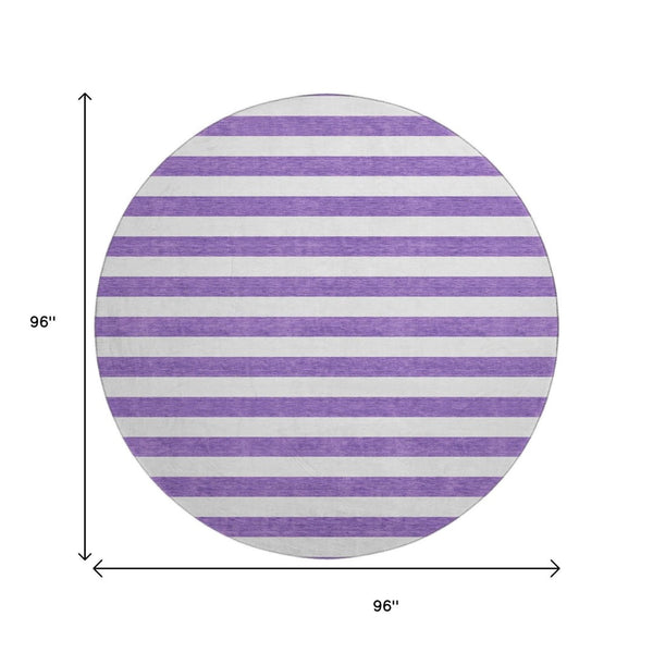HomeRoots 8' Purple and Ivory Striped Washable Round Rug - UV Protected, Stain-Resistant, Stylish Decor Piece 647641