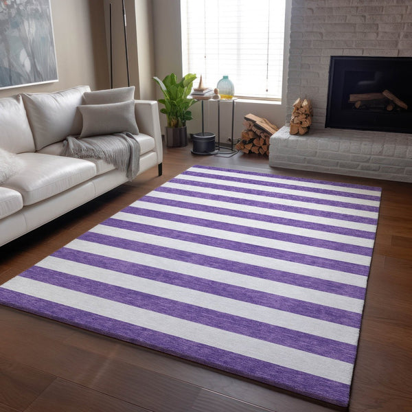 HomeRoots 9' X 12' Purple and Ivory Striped Washable Area Rug - Stylish, Durable, UV-Protected for Any Space 647643
