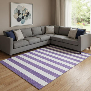 HomeRoots 9' X 12' Purple and Ivory Striped Washable Area Rug - Stylish, Durable, UV-Protected for Any Space 647643
