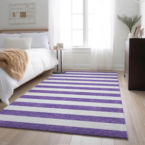 HomeRoots 10' X 14' Purple And Ivory Striped Area Rug - Washable, UV-Protected, Durable Design for High-Traffic Spaces 647644