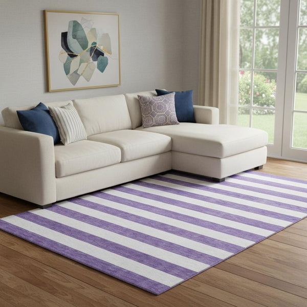 HomeRoots 10' X 14' Purple And Ivory Striped Area Rug - Washable, UV-Protected, Durable Design for High-Traffic Spaces 647644