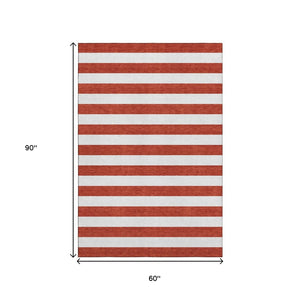 HomeRoots 5' X 8' Striped Red and Ivory Washable Area Rug with UV Protection for Durable Everyday Use 647646