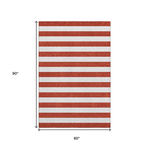HomeRoots 5' X 8' Striped Red and Ivory Washable Area Rug with UV Protection for Durable Everyday Use 647646