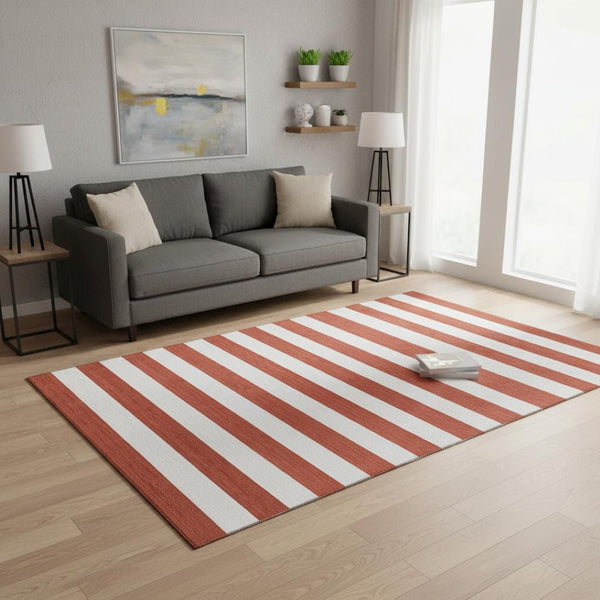 HomeRoots 5' X 8' Striped Red and Ivory Washable Area Rug with UV Protection for Durable Everyday Use 647646