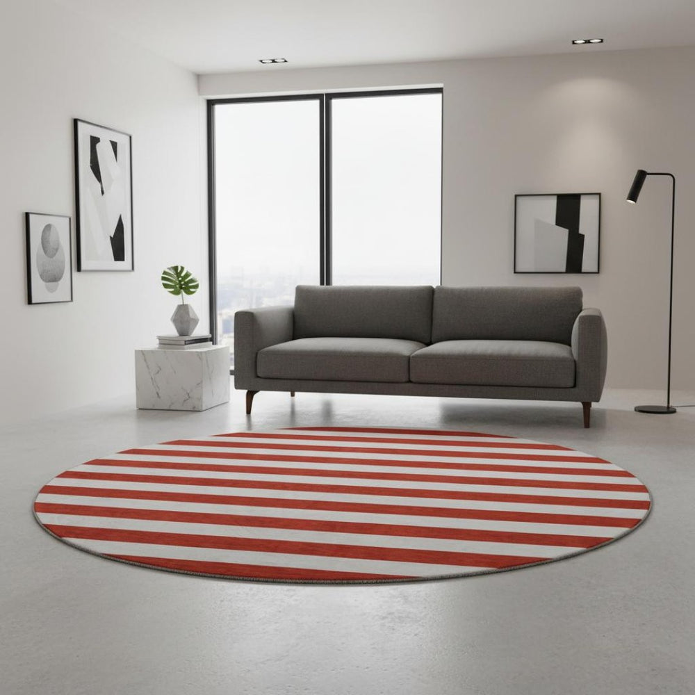 HomeRoots 8' Red And Ivory Striped Round Rug – Washable, UV-Protected, Durable, and Stain-Resistant Design! 647647