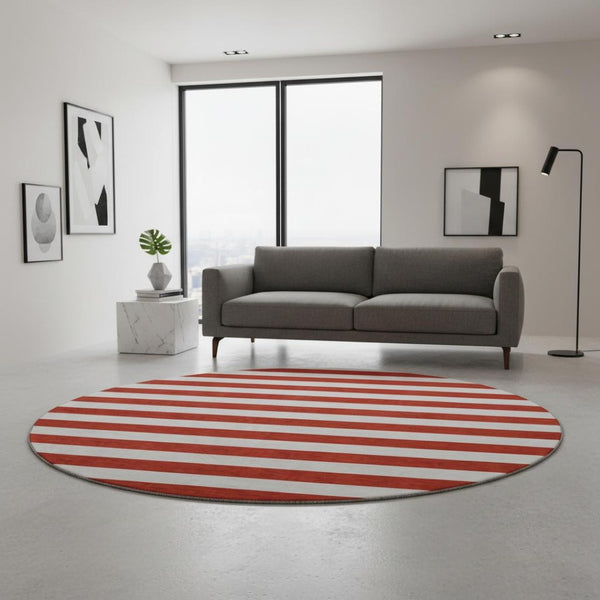 HomeRoots 8' Red And Ivory Striped Round Rug – Washable, UV-Protected, Durable, and Stain-Resistant Design! 647647