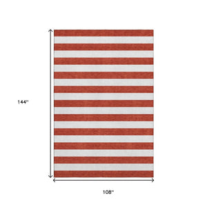 HomeRoots 9' X 12' Durable Red and Ivory Striped Area Rug - Washable, UV Protected for Homes with Kids & Pets 647649