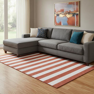 HomeRoots 9' X 12' Durable Red and Ivory Striped Area Rug - Washable, UV Protected for Homes with Kids & Pets 647649