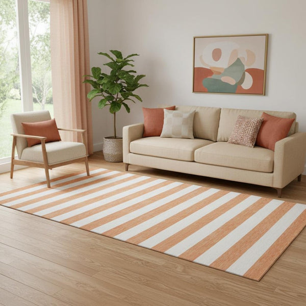 HomeRoots 5' X 8' Salmon & Ivory Striped Washable Area Rug – Durable, UV-Protected & Perfect for Any Space! 647652