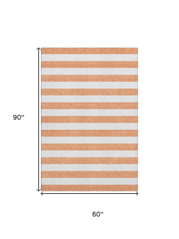 HomeRoots 5' X 8' Salmon & Ivory Striped Washable Area Rug – Durable, UV-Protected & Perfect for Any Space! 647652