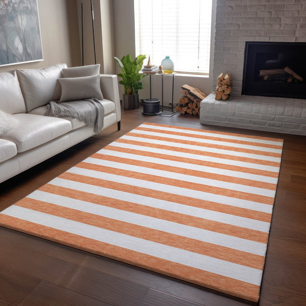 HomeRoots 5' X 8' Salmon & Ivory Striped Washable Area Rug – Durable, UV-Protected & Perfect for Any Space! 647652