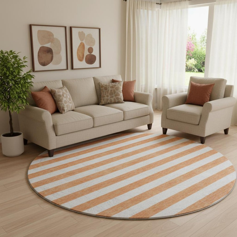 HomeRoots 8' Salmon and Ivory Striped Washable Round Rug – UV Protected, Stain Resistant, Stylish Comfort for Any Room 647653