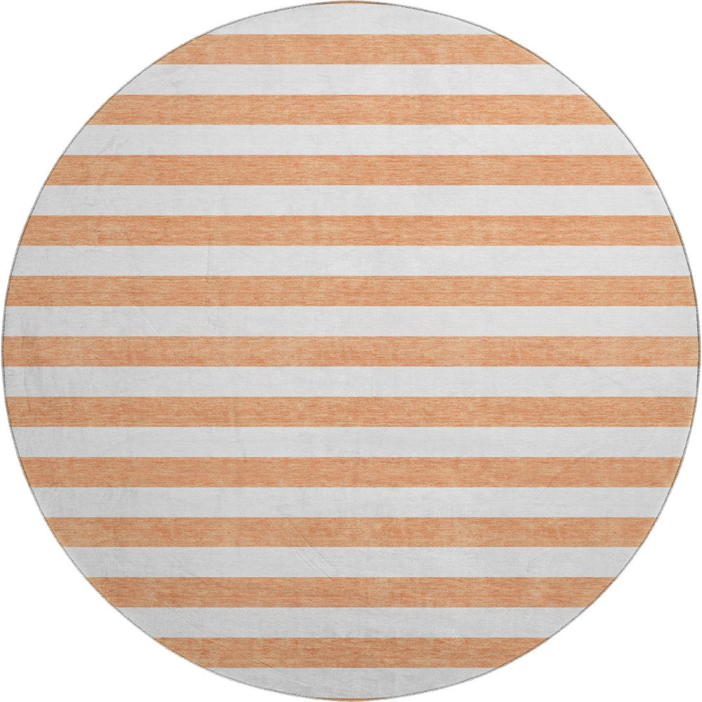 HomeRoots 8' Salmon and Ivory Striped Washable Round Rug – UV Protected, Stain Resistant, Stylish Comfort for Any Room 647653