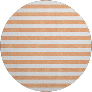 HomeRoots 8' Salmon and Ivory Striped Washable Round Rug – UV Protected, Stain Resistant, Stylish Comfort for Any Room 647653