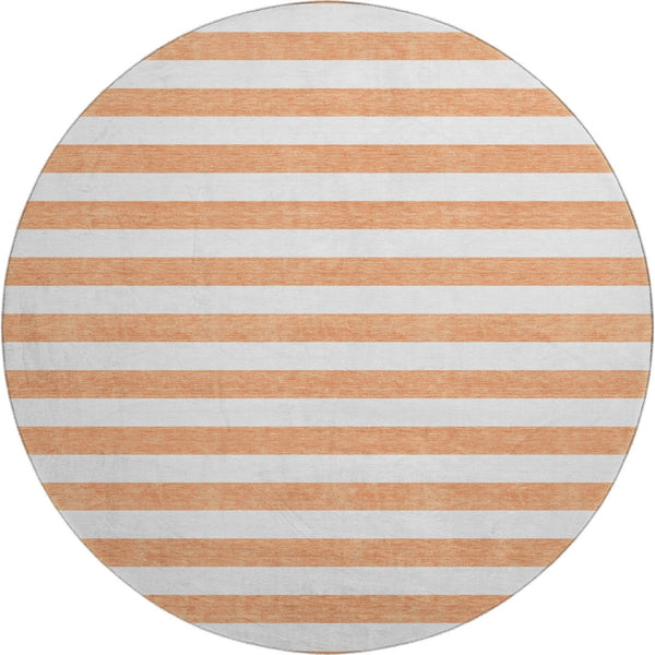 HomeRoots 8' Salmon and Ivory Striped Washable Round Rug – UV Protected, Stain Resistant, Stylish Comfort for Any Room 647653
