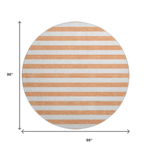 HomeRoots 8' Salmon and Ivory Striped Washable Round Rug – UV Protected, Stain Resistant, Stylish Comfort for Any Room 647653