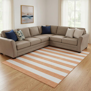 HomeRoots 9' X 12' Stylish Salmon & Ivory Striped Washable Area Rug - Durable, UV-Protected, Easy to Clean! 647655